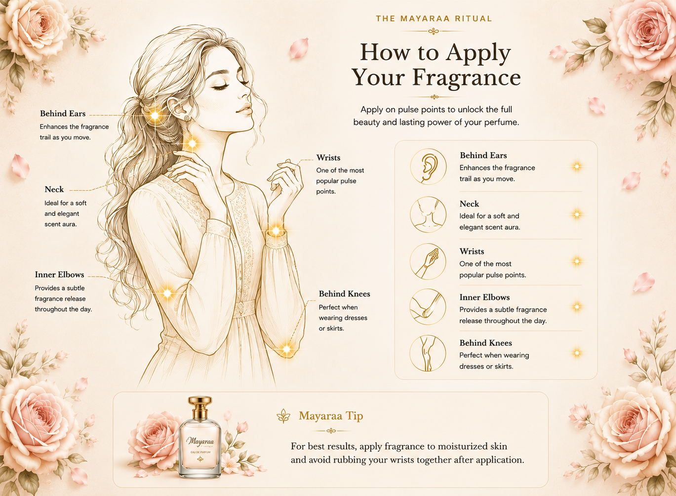 Mayaraa guide showing where to apply perfume on pulse points including behind ears, neck, wrists, inner elbows and behind knees.